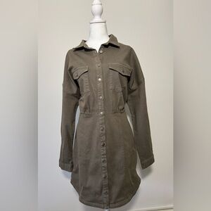 LARGE - EXPRESS Denim Fitted Mini Shirt Dress (NWT), Brownish Army Green